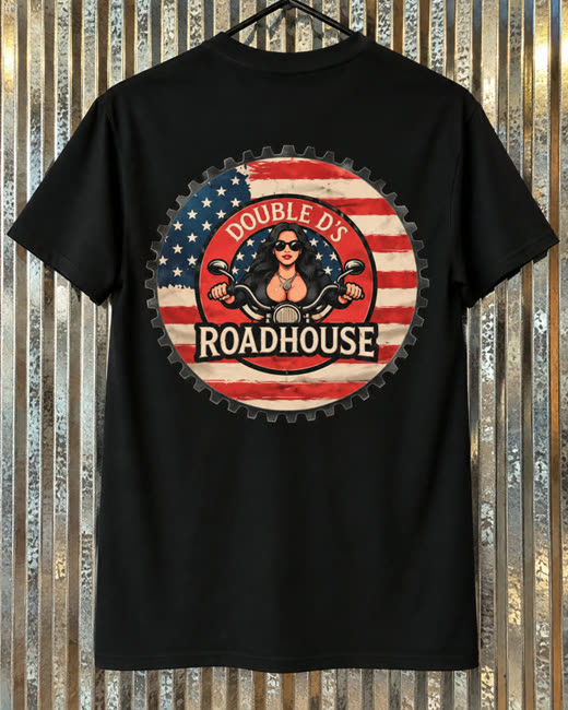 Black Double D's Roadhouse tee with the flag logo