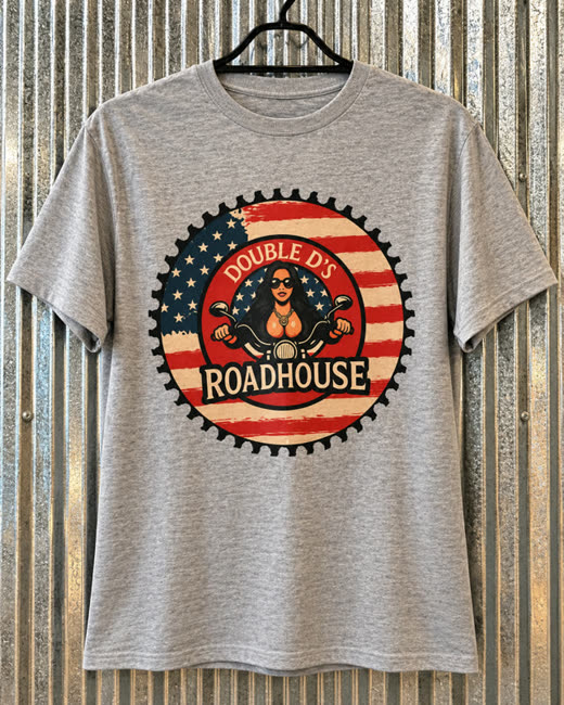 Gray Double D's Roadhouse tee with the flag logo