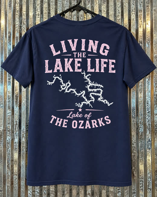 Navy Living the Lake Life tee with a map of the Lake of the Ozarks