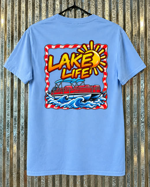 Light blue Lake Life tee with a pontoon boat