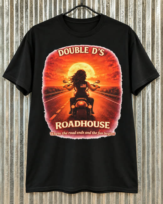 Black Double D's Roadhouse tee with a rider at sunset